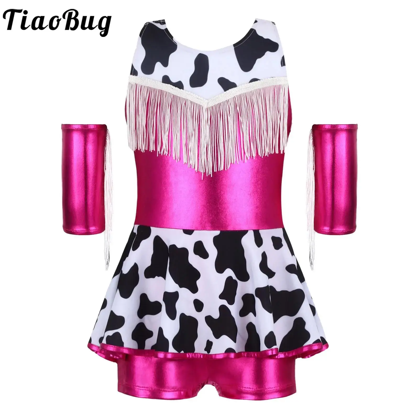 

Girls Cowgirls Halloween Costume Jazz Dancewear Metallic Back Cross Sleeveless Fringed Leotards Dress Cosplay Themed Party