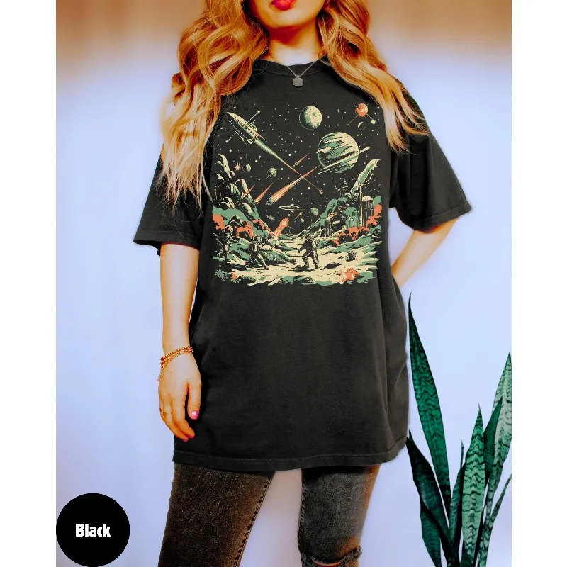Space War Retro T-shirt Science Fiction Women's T-shirt Suitable for All Seasons Cotton Casual Men and Women Same Style
