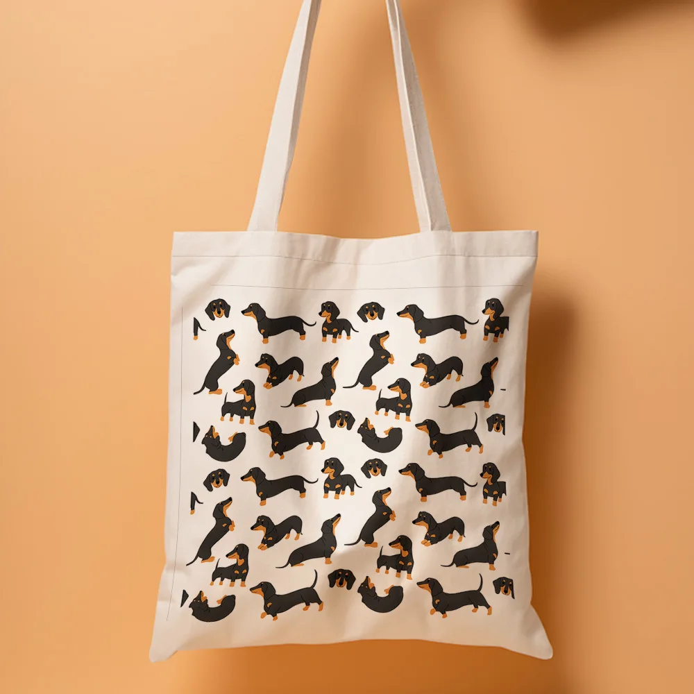 1pc, Playful Dachshund Canvas Tote Bag Reusable Grocery Bags (35.05cm x 40.13cm), Stylish Dog Lover's Tote for Daily Shopping, C