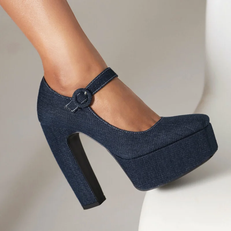 spring autumn New styles fashion Square head high-heeled Women Shoes Solid color Denim Buckle Square heel Mary Jane Women Shoes