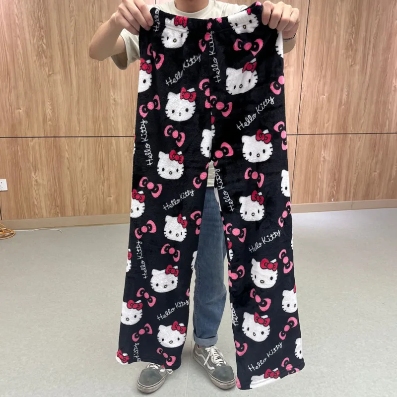 Y2k Sanrio Hello Kitty Pajamas Women Autumn Winter Flannel Sleepwear Fashion Black Pink Print Trouser Cartoon Cute Home Clothes