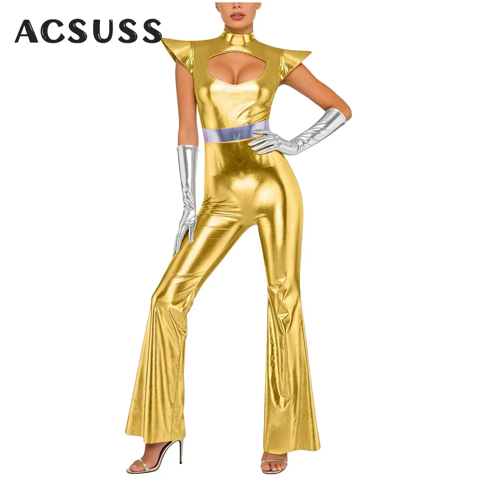 

Womens Alien Robot Cosplay Costume Metallic Shiny Cutout Chest Bell Bottom Jumpsuit with Gloves for Halloween Space Themed Party