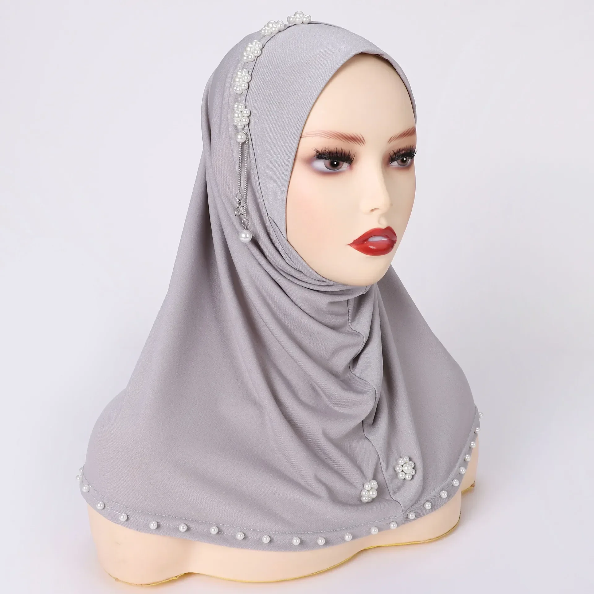 

One Piece Amira Muslim Hijab Women Instant Scarf Headscarf Turban Pearl Bead Hat Middle East Islamic Pull On Head Wrap Niqab Cap