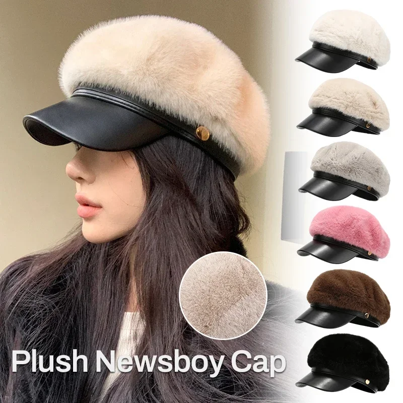 Vintage Mink Fur Beret Women Luxury Versatile Artist Hat Girls Lady Winter Warm Big Head Octagonal Cap Hard Brim Ski Caps