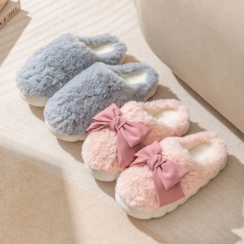 

Fashion Bowknot Fuzzy Slippers Women Winter Comfortable Warm Home Plush Shoes Woman Thick Sole Non Slip Indoor Fur Slippers 2024