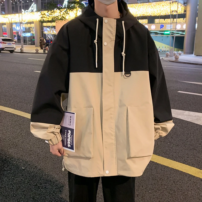 Outdoor Trekking Jacket Coats for Men Windproof with Hood Zipper Outerwear Solid Color Casual Male Clothing Fashion All-match