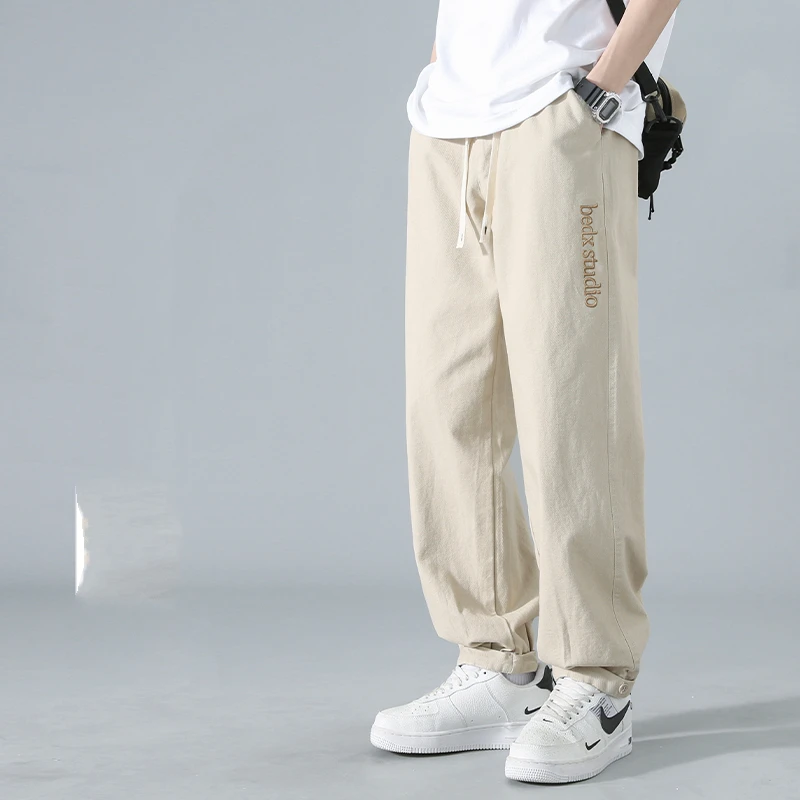 Japanese Style Trend Casual Spring Autumn Men's Elastic Waist Drawstring Letter Embroid Pockets Young Style Loose Cargo Pants