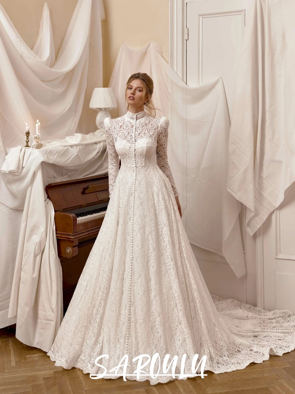 

Modest High Neck Fantasy Fully Lace Wedding Dress Chic 2 in 1 Romantic Long Bridal Gown Customized Princess A Line Women Wear