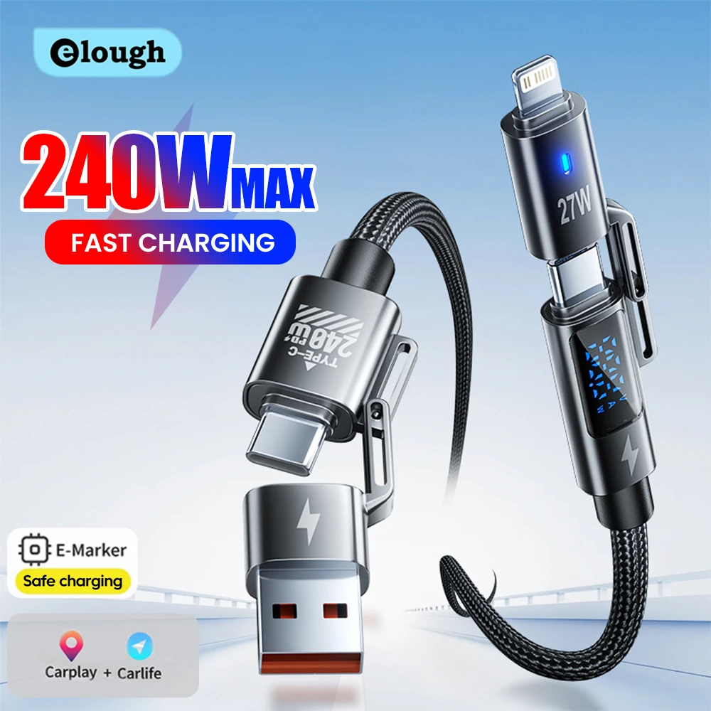 Elough 4 في 1 240 واط كابل عرض سوبر تهمة USB نوع C إلى الإضاءة نوع C كابل آيفون 16 سامسونج Carplay USB C سلك بيانات