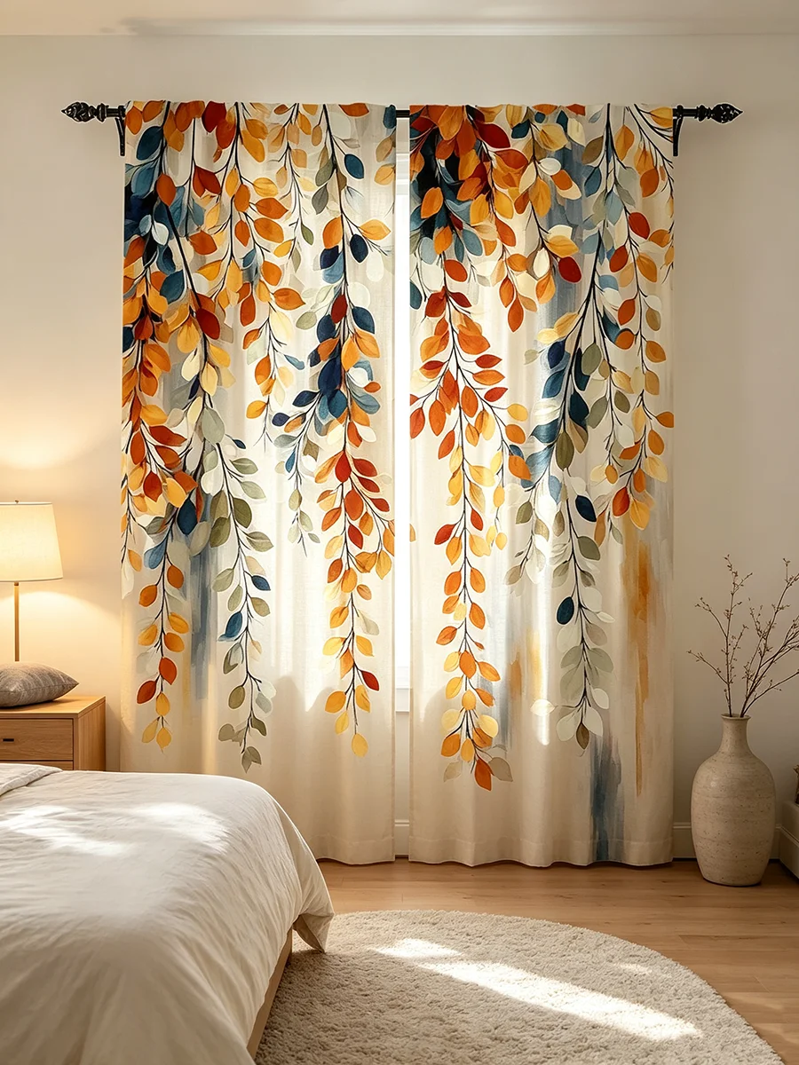2PCS Colorful Autumn Leaf Print Curtains, Fall Decor Window Drapes for Bedroom Living Room Home Decor
