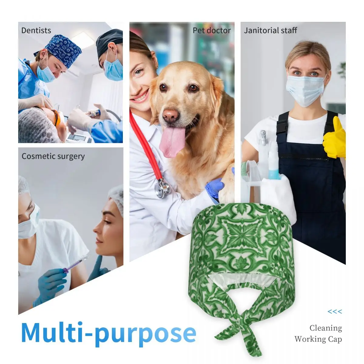 Groene sierlijke bloemen mediterrane Siciliaanse tegel scrub hoed arts werken chirurgische pet verstelbare verpleegkappen voor tandarts