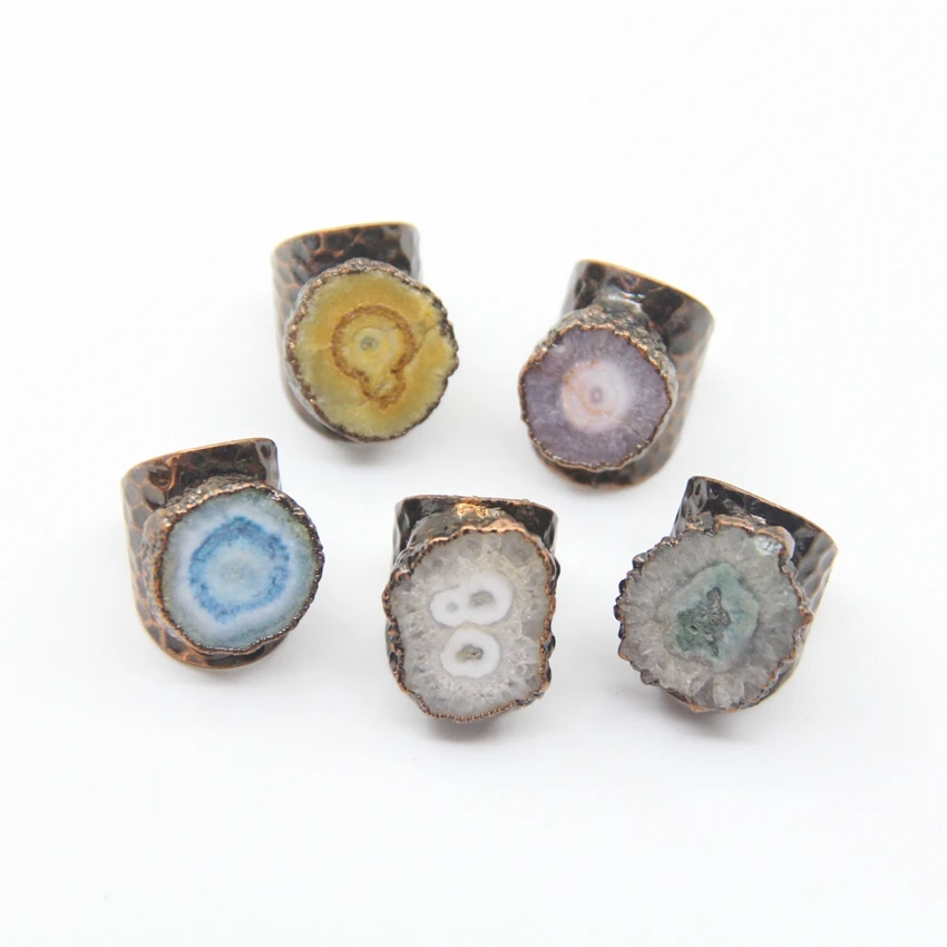 Natural Geode Sun Flower Rings,Solar Quartz Druzy Agate Adjustable Bronze Rings,Healing Quartz Party Finger Rings Jewelry