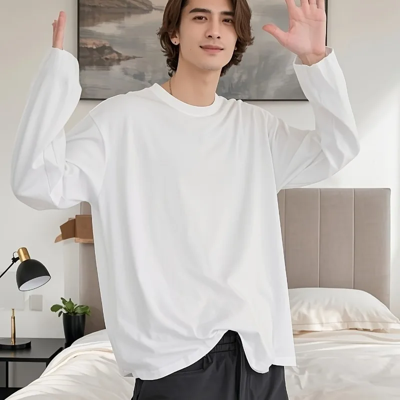 تي شيرت رجالي قطني بأكمام طويلة ورقبة دائرية كاجوال للمنزل قميص ناعم للربيع والخريف بلوفر رياضي أساسي فضفاض #1