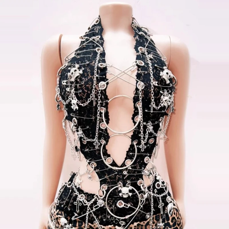 Punk Heavy Industry Y2K Sexy Hollow Out Women's Vest Original Design Leopard Print Locomotive Lace Splicing Skirt Set Ladies