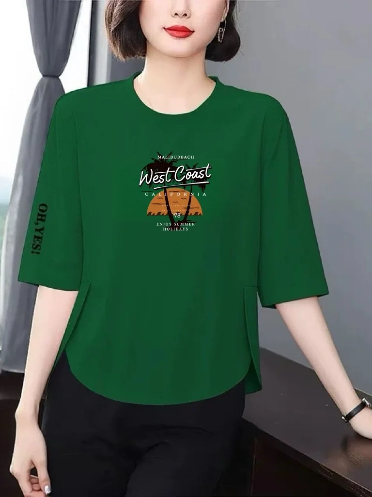 

Slimming Printed T-Shirt for Mom Loose Fit Breathable Polyester Fiber round Neck Short Sleeve Midlife Women's Fashionable Top