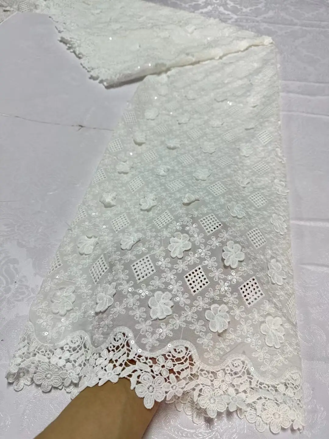 African Lace Fabric 2024 High Quality,Cotton Fabrics By The Meter,Embroidery,Party Dresses,Tulle,Fashion,White,Cloth,5Yards