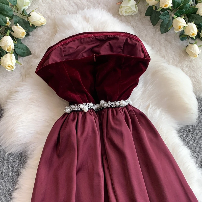 High End Women Engagement Satin Patchwork Velvet Strapless Dress Heavy Industry Nail Bead Waist Cinching Large Swing Dress