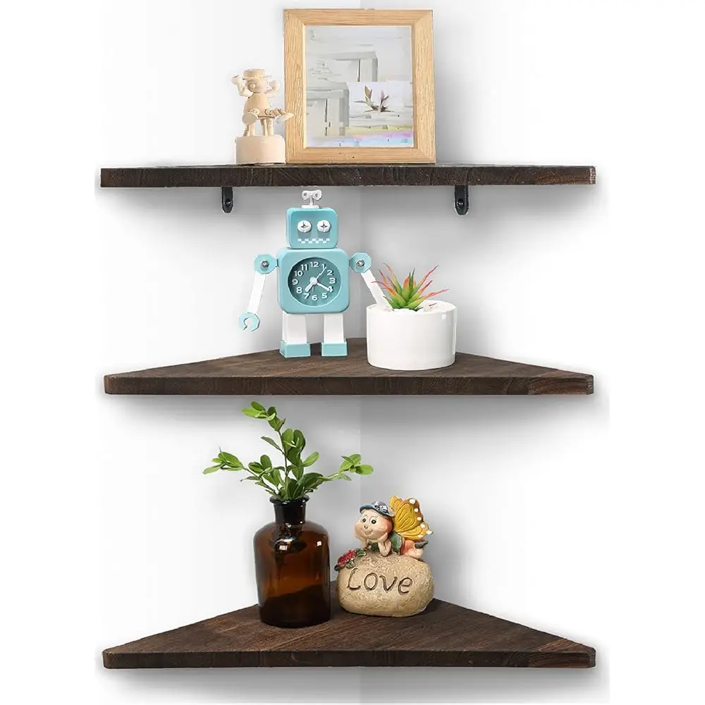 

Corner Wall Shelf Set Of 3, Floating Corner Shelves, Rustic Wood Wall Storage Display Shelves For Living Room, Bedroom,