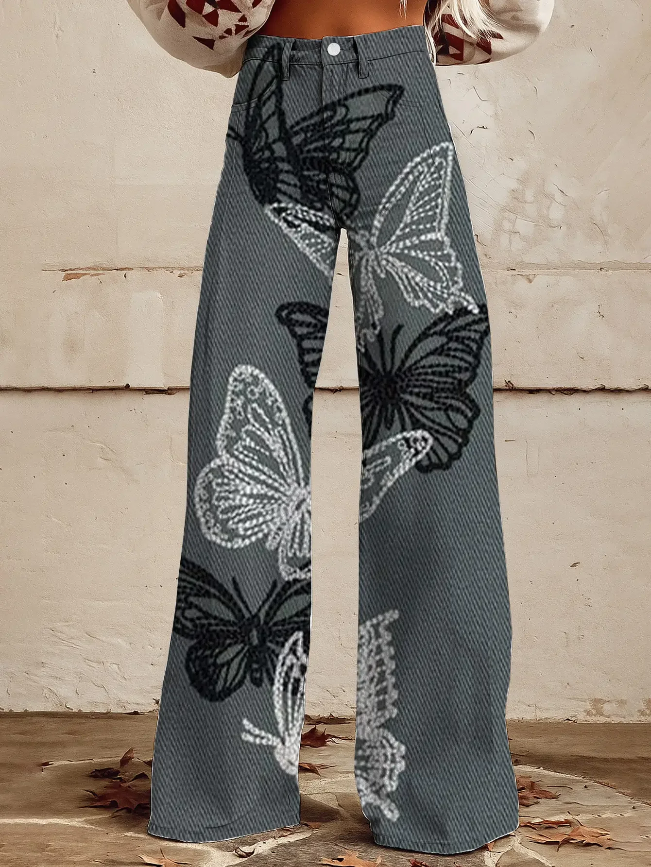 Women's printed exquisite pattern wide leg imitation jeans, lightweight casual pants, Ladies' autumn clothing