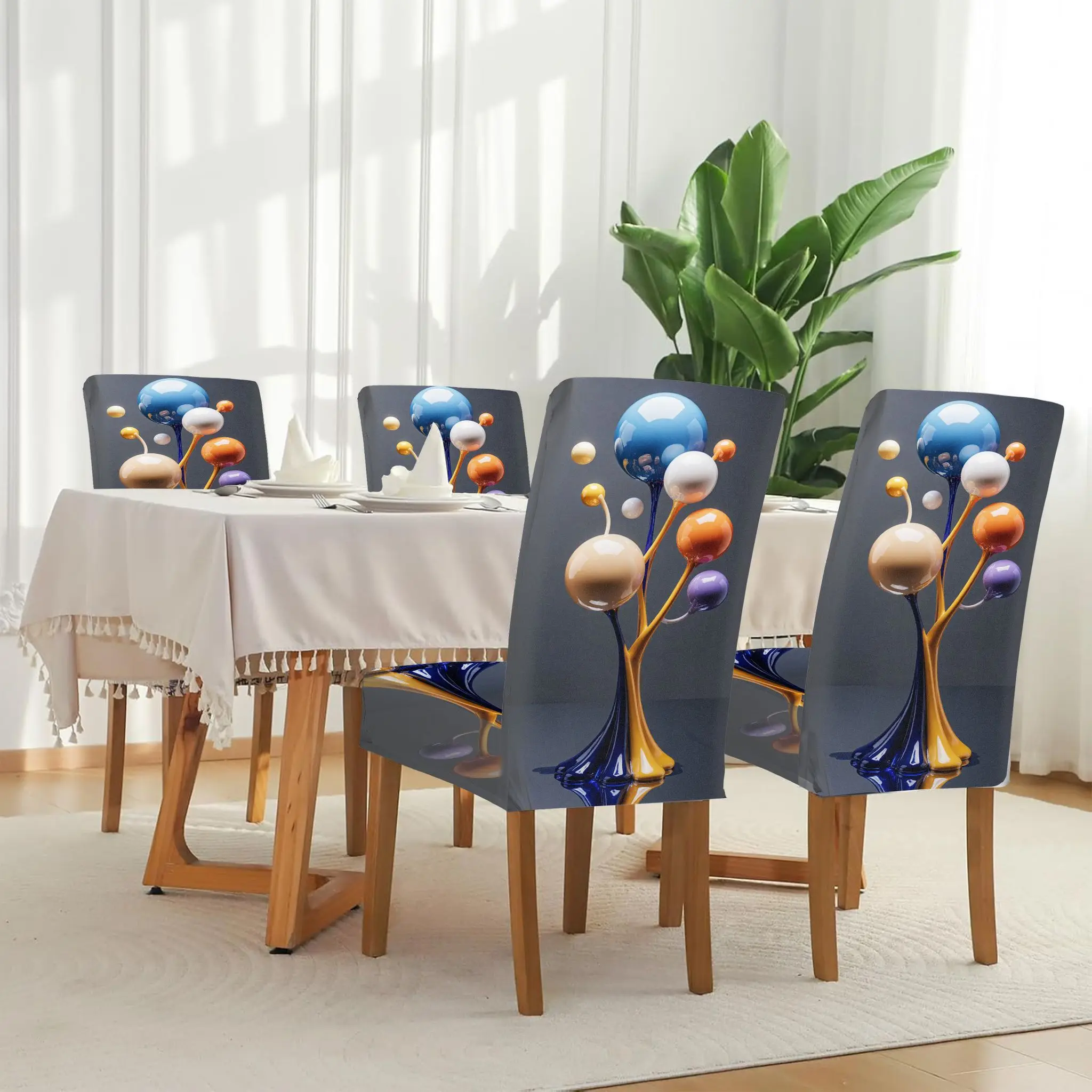 

Stretch Dining Chair Cover Modern Abstract Sculpture Elegant Design Connecting Spheres Removable Home Dining Chair Protector