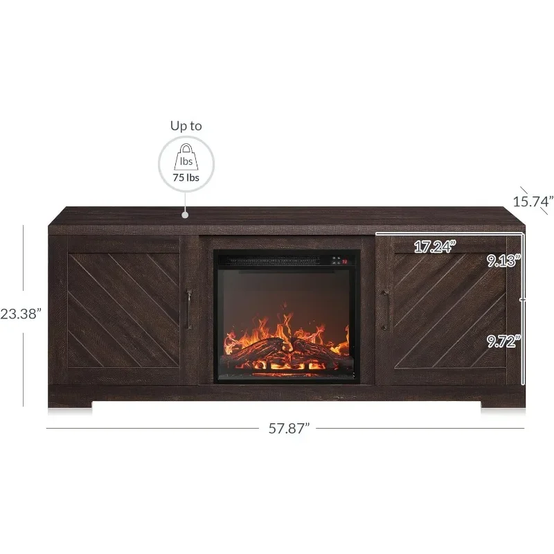 Modern 58-inch farmhouse-style TV stand with 18-inch electric fireplace heater, accommodates TVs up to 65 inches