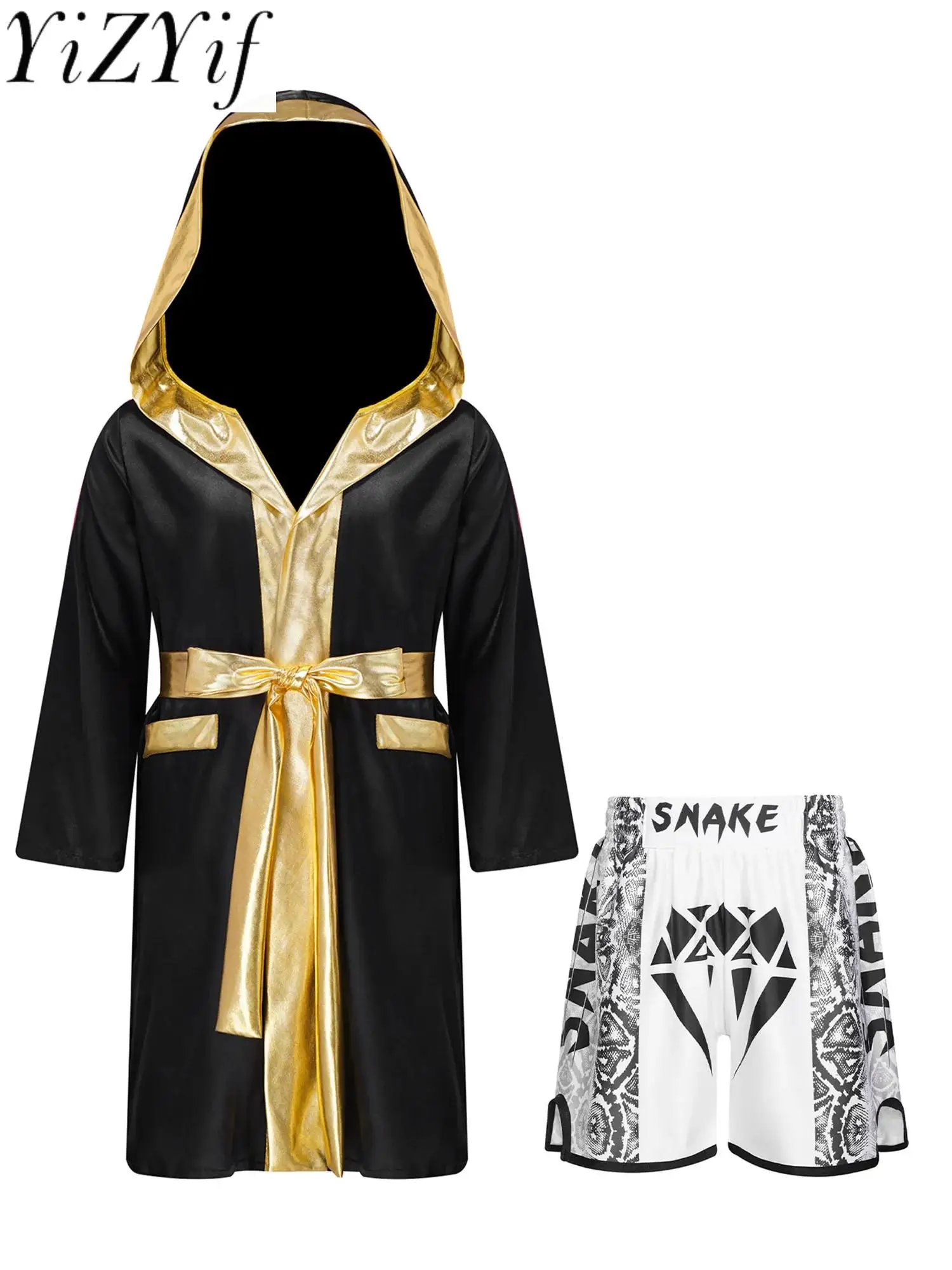 

Kids Boys Boxing Outfits Metallic Satin Long Sleeve Hooded Robe Cloak and Shorts Set Halloween Cosplay Boxer Fancy Party Costume