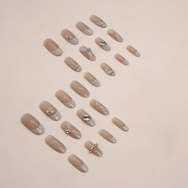 24pcs Oval Sweet Diamond Medium Long Tips for Nails Wedding Bride Press on Nails with Tools Korean Decorated Fingernails Fake