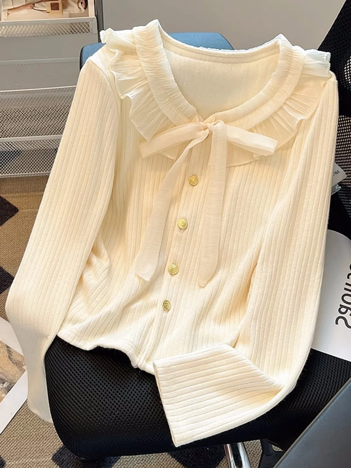 

Korean Style Slim Fit V-Neck Knitwear Women's Autumn Winter Knot Hemline Open Cardigan Long Sleeve Color Top
