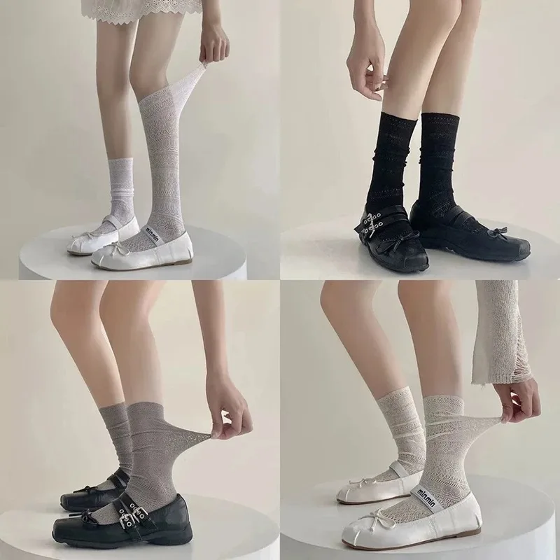 1/4 Paar Damen-Socken mit Spitzenbesatz, Lolita-Stil, süßes Netz, ausgehöhlt, dünnes Nylon, leicht, atmungsaktiv, transparent, Freizeitsocken – Detail 3