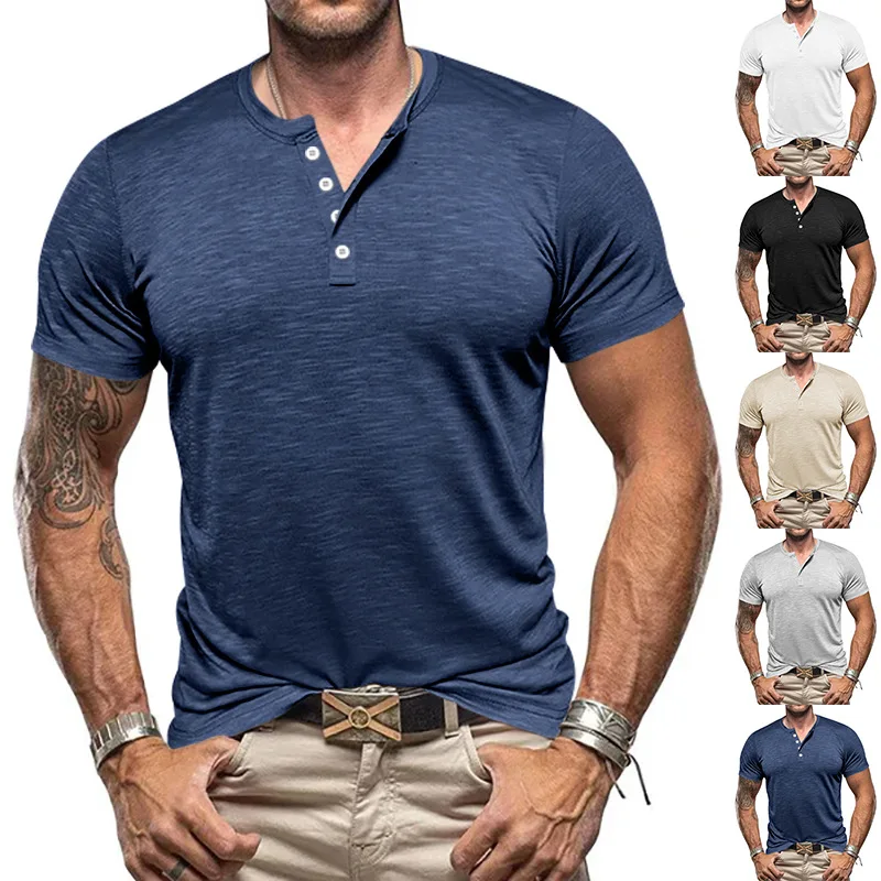 Summer Men's Short Sleeve T-Shirt Men's Henry Shirt Top T-Shirt