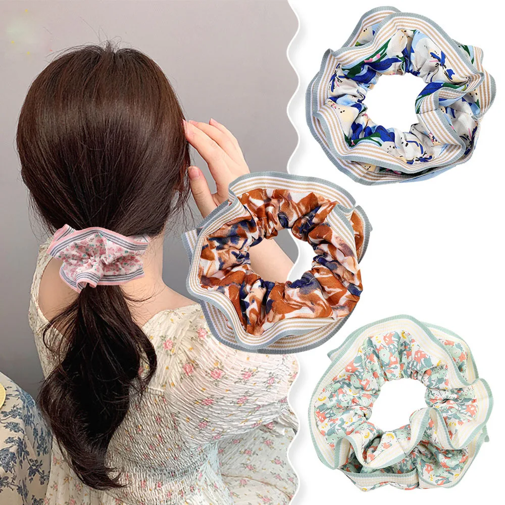 Sweet Flower Fabric Large Scrunchie Fashion Simple Temperament Striped Edge Floral Scrunchie Hair Accessories