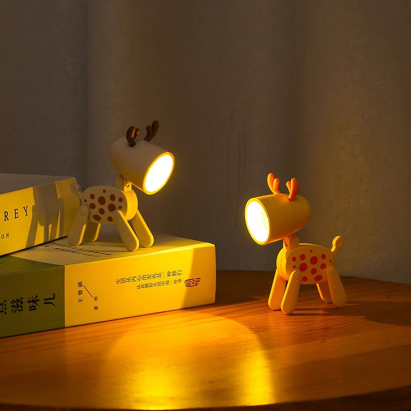 Led Mini Night Light Cute Dog Deer Foldable Desk Lamps Desktop Ornament Book Light Kids Room Bedside Bedroom Decor Holiday Gifts