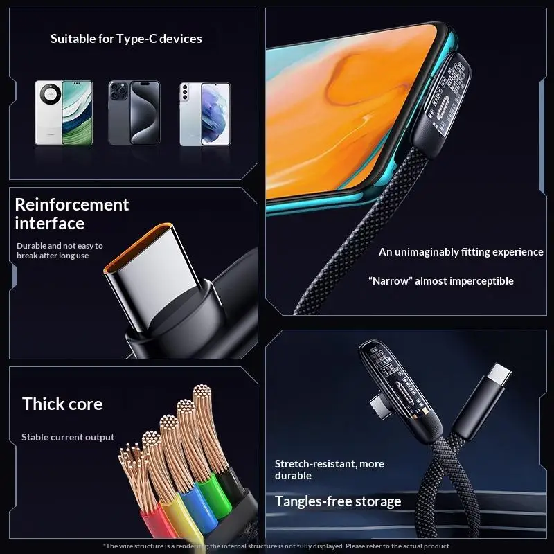 60W High-speed Right Angle USB Type C To C Cables Quick Charging Data Line Flat Nylon Braided 90 Degree Elbow USB-C Wire Cord