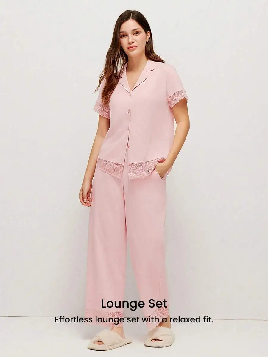 Women Pink Cotton Lace Trim Short Sleeve Button Up Lounge Set With Pockets