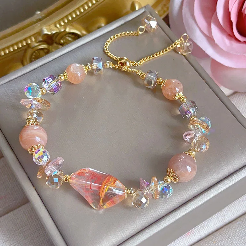 Super Shiny New Crystal Bracelet Female Colored Glaze Special-Shaped Beads Citrine Sunstone Bracelet Simple Drawable Bracelet