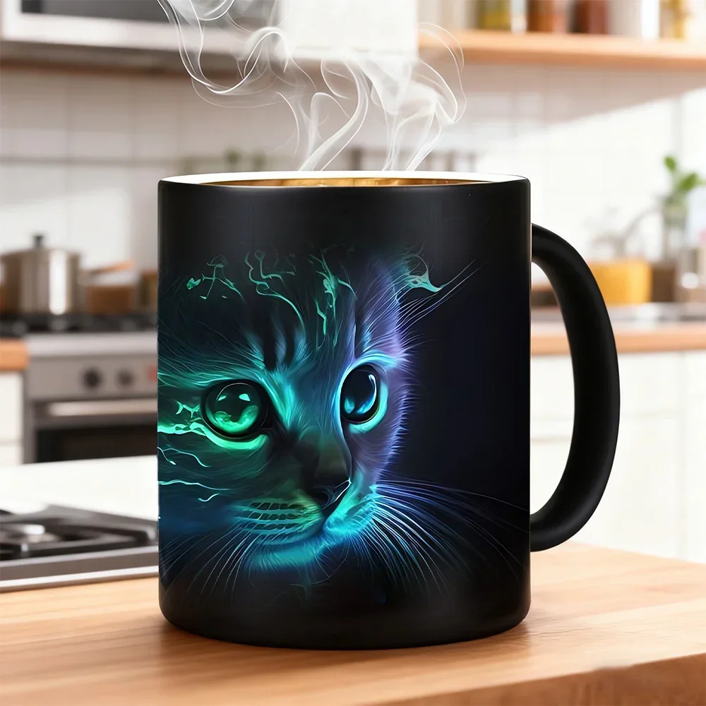 1 Magic Color Changing Neon Glow Cat Mug - Thermal Coffee Mug with Glow Magic Metamorphosis, 11 oz Ceramic Magic Mug for Hot/Col