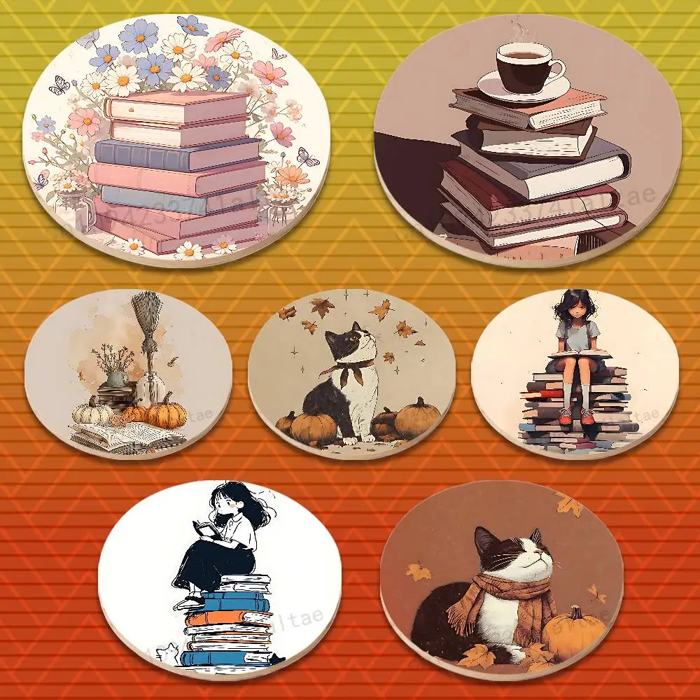 

Book Cartoon Illustration Round Wooden Coasters Suitable for Drinks Tea,Coffee for anti-slip decoration in bars and cafes