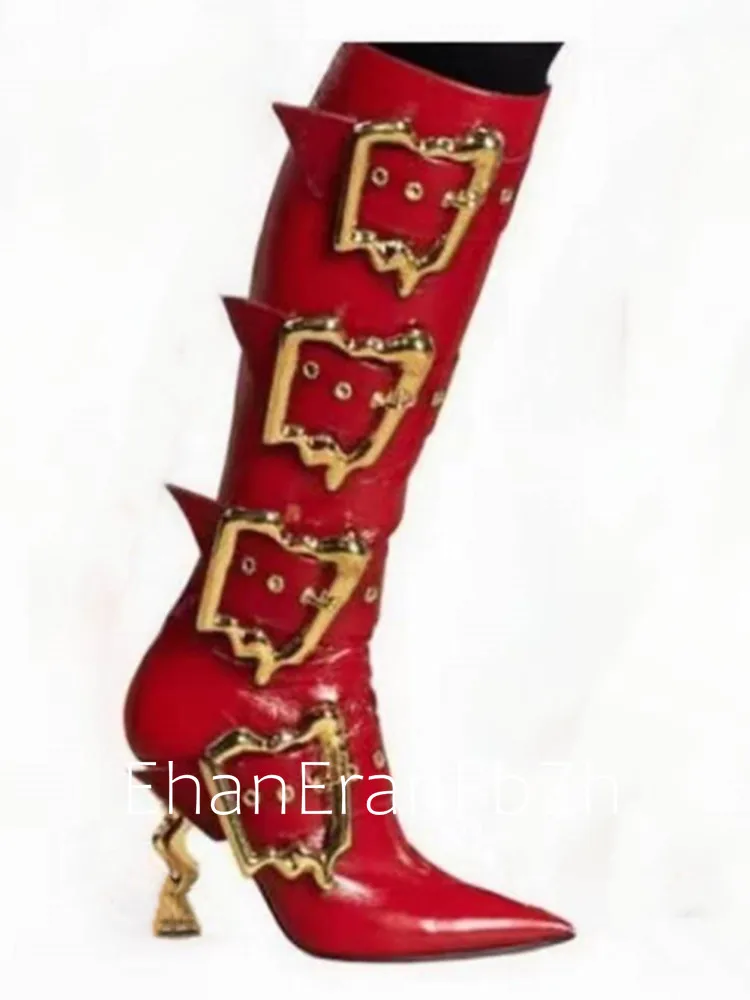 

2025 женские новые модные сапоги до колена с острым ремнем и пряжкой по бокам на молнии, сексуальные женские ботинки для вечеринок и банкетов 44, большие средние ботинки