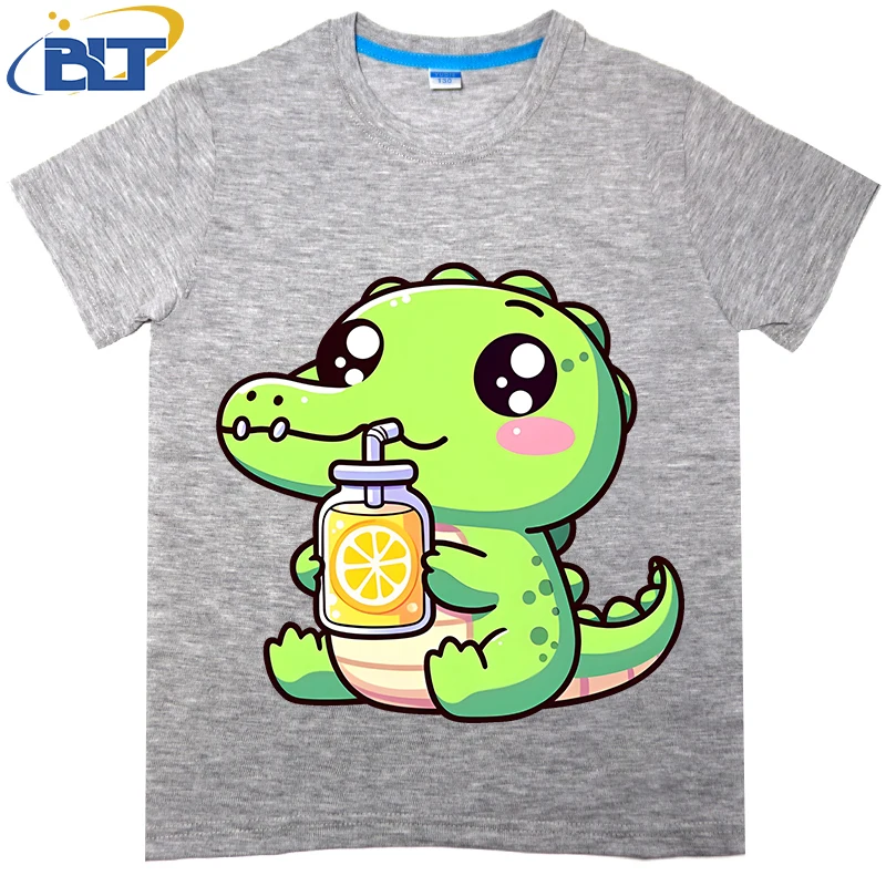 Crocodile with lemonade printed kids T-shirt Summer cotton short sleeves Casual tops for boys and girls