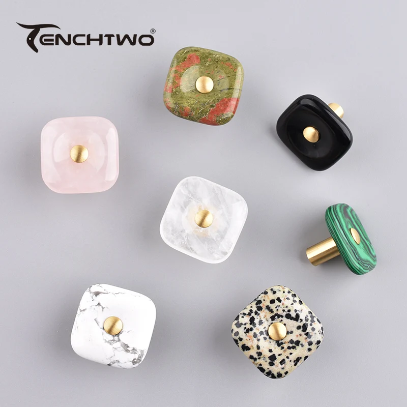 TENCHTWO Agate Stone Crystal Furniture Handle Square Single Hole Brass Drawer Door Knobs Kitchen Cupboard Cabinet Pulls Wardrobe