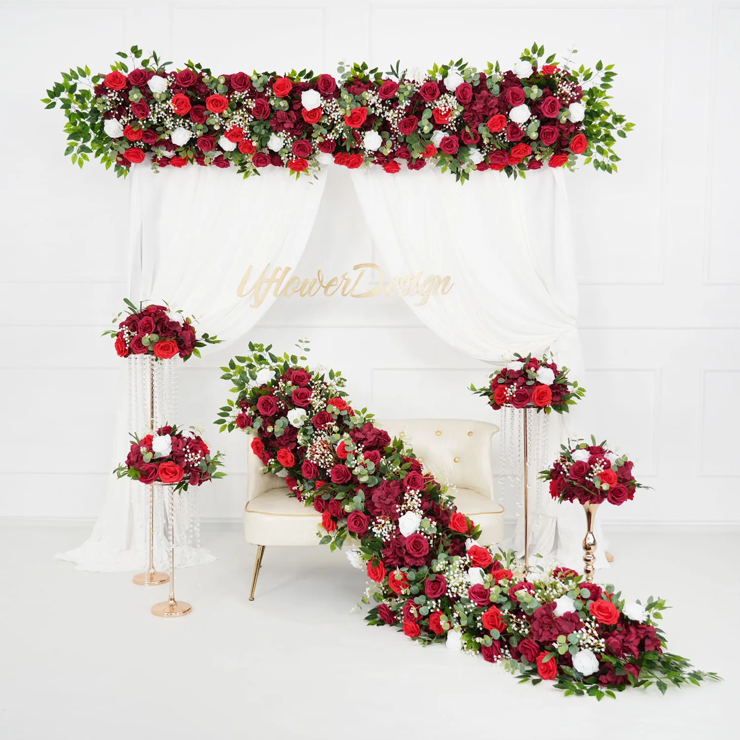 

Uflower Red Rose 5D Artificial Flower Wall Wedding Backdrop Floral Green Plant Wall Window Display Event Party Props Flower Row