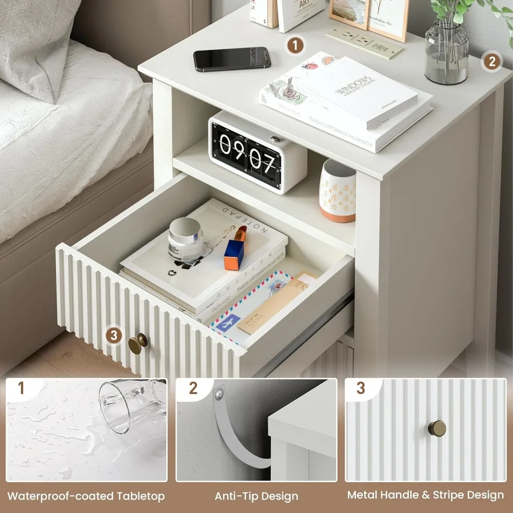 Fluted Nightstand Set of 2 with Charging Station, White End Table with 2 Silent Slide Drawers & Storage Shelf, Modern