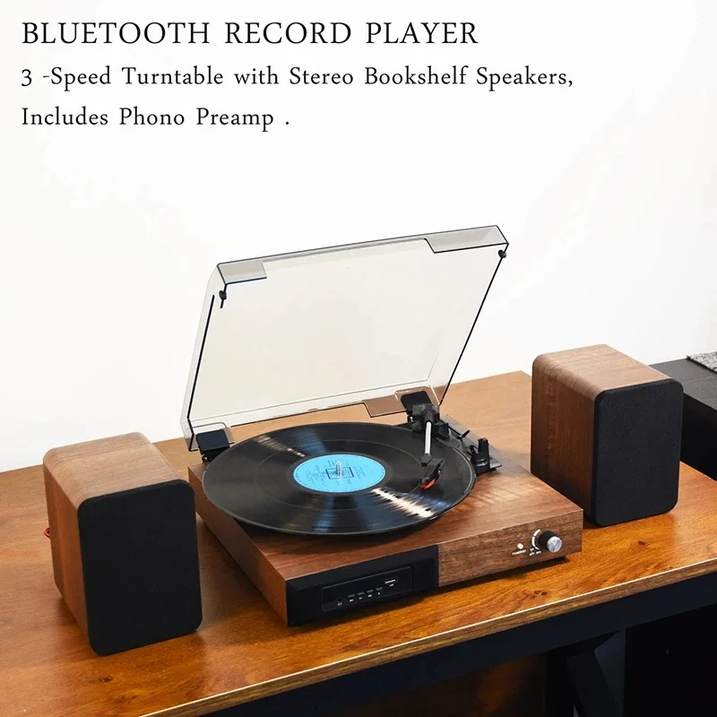 

Retro Record Player Vintage Gramophone 3-Speed LP Turntable Bookshelf Speakers BT5.0 AUX-in Line-out Vinyl Audio