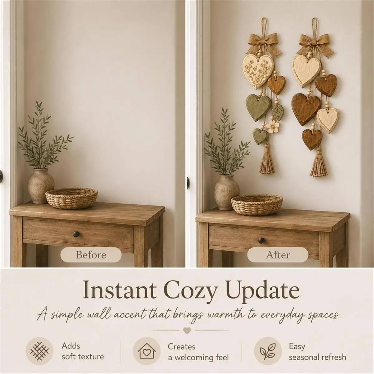 Rustic Solid Wood Heart Wall Hanging,Farmhouse Bows Decor with Distressed Wooden Hearts & Pendants, for Home Green