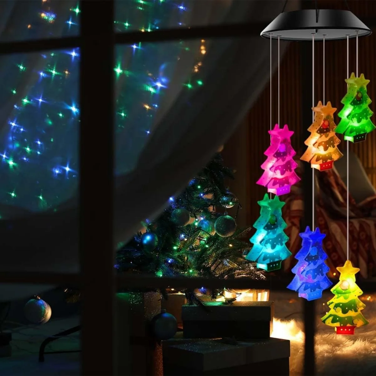 Pop 1PC Solar Powered UV Christmas Tree Wind Chime Light Outdoor Garden 6 LED Hanging Decorative Lamp For Home Patio Balcony Dec