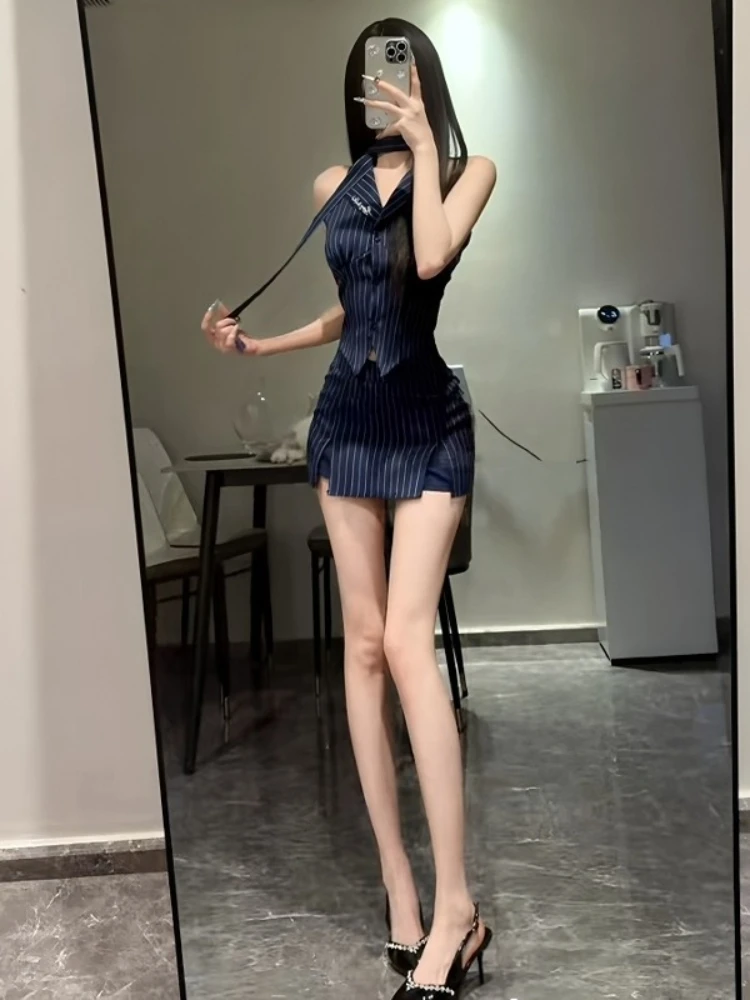 Pure desire spicy girl fashion set summer sexy slim fit Polo collar striped vest hip hugging half skirt two-piece set
