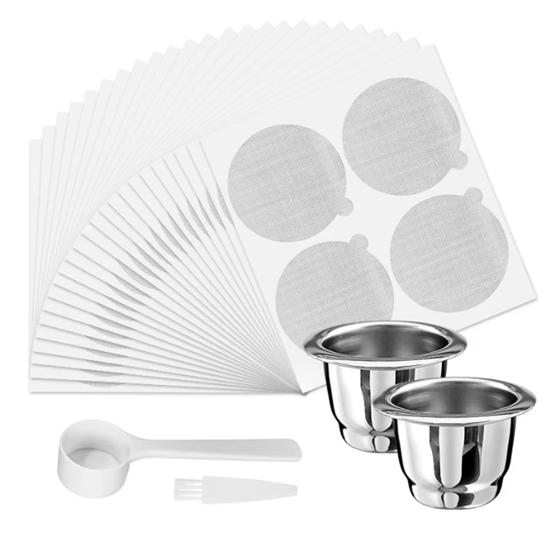 1Set Refill Nespresso Coffee Capsulas Stainless Steel  Refillable Nespress Coffee Filters Cup/ Foil Seal Lids/Spoon/Brush Set