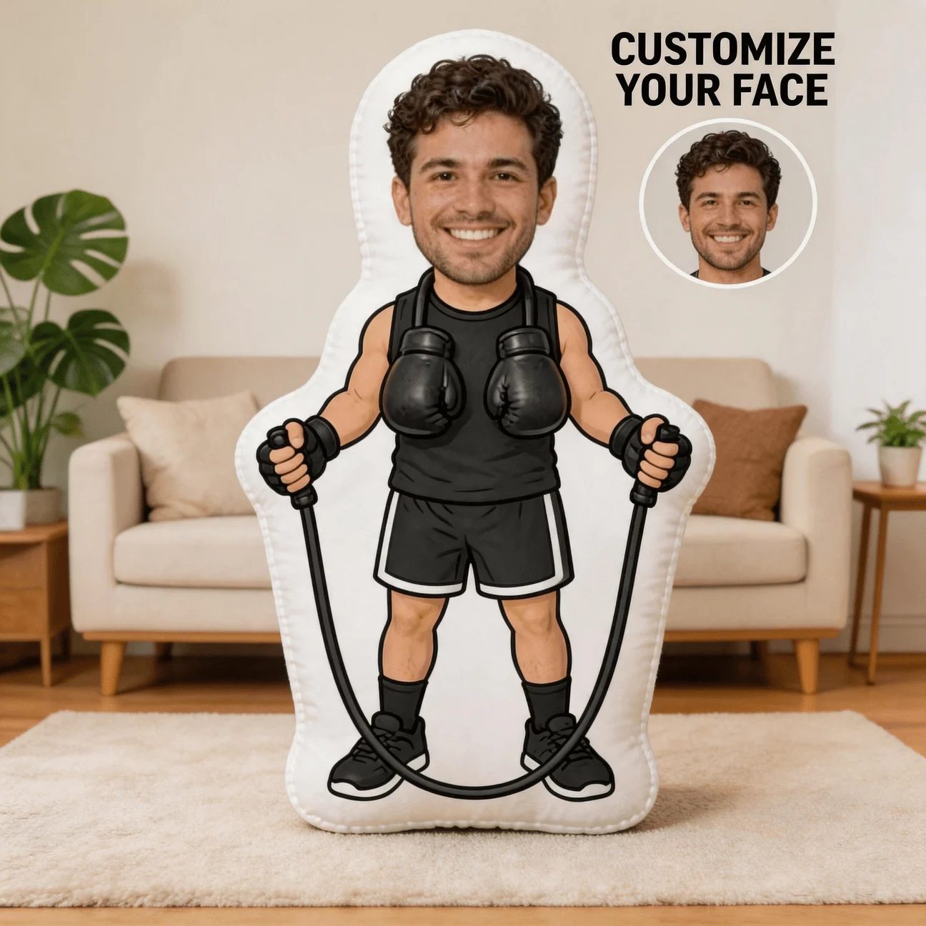 Personalized Photo Face Pillow with Custom Photo/Boxing Character - Large 60cm Cushion Suitable for Sofa & Bed, Hand Washable Gi