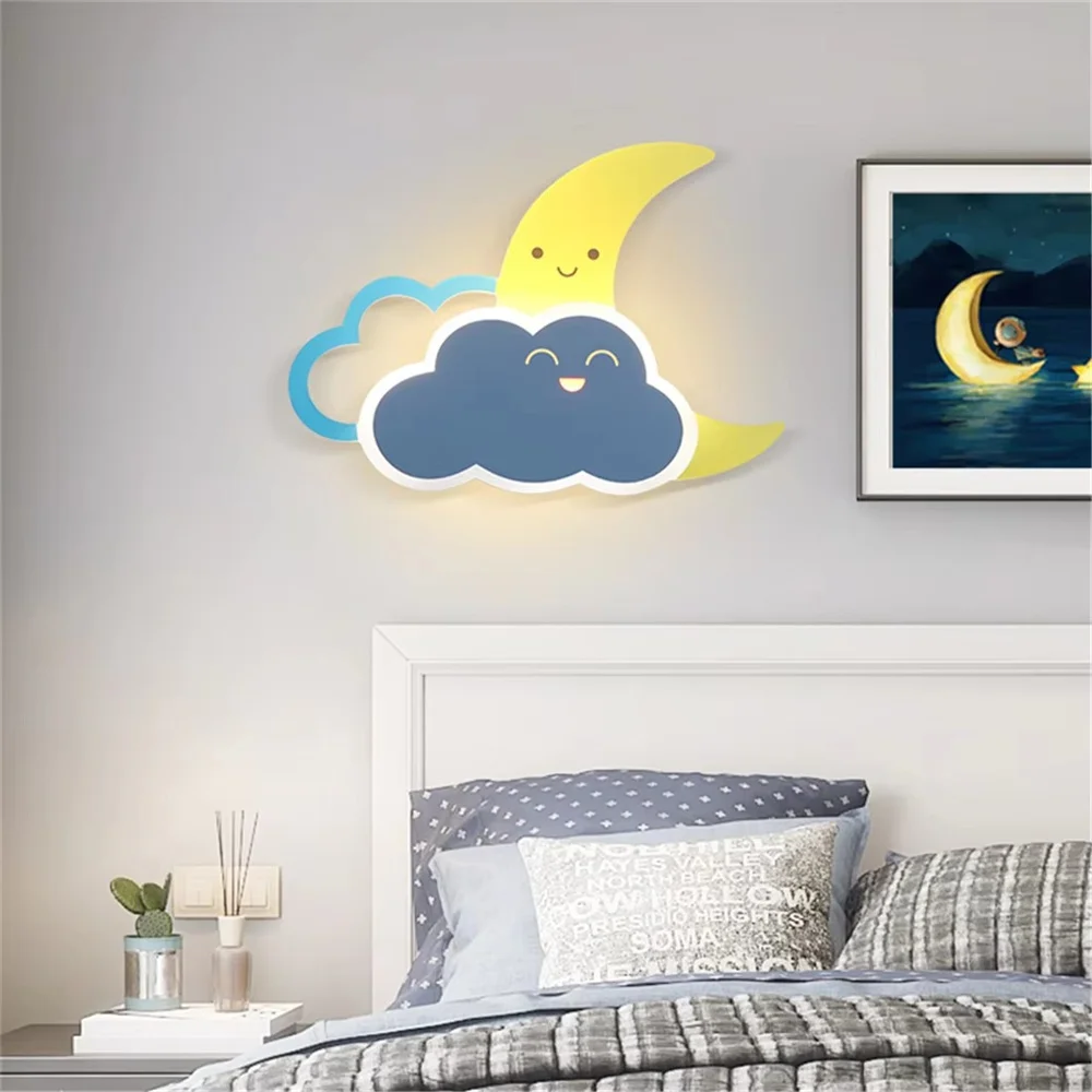 Cartoon Moon Cloud Acrylic Metal Abs Led Wall Lamp Kids Bedroom Bedside Sleeping Night Lights Aisle Study Sofa Home Decoration