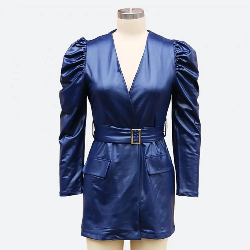 Fall Short Dress Elegant V Neck Faux Leather Mini Dress with Bubble Sleeves Belted Waist for Women for Office Shopping Commuting